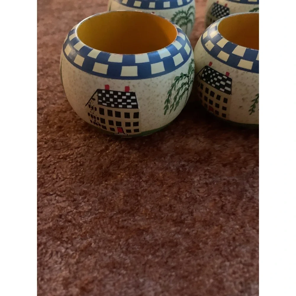 Vintage Folk Art Style Napkin Rings‎ Set of 4 Colonial House Willow Tree Blue